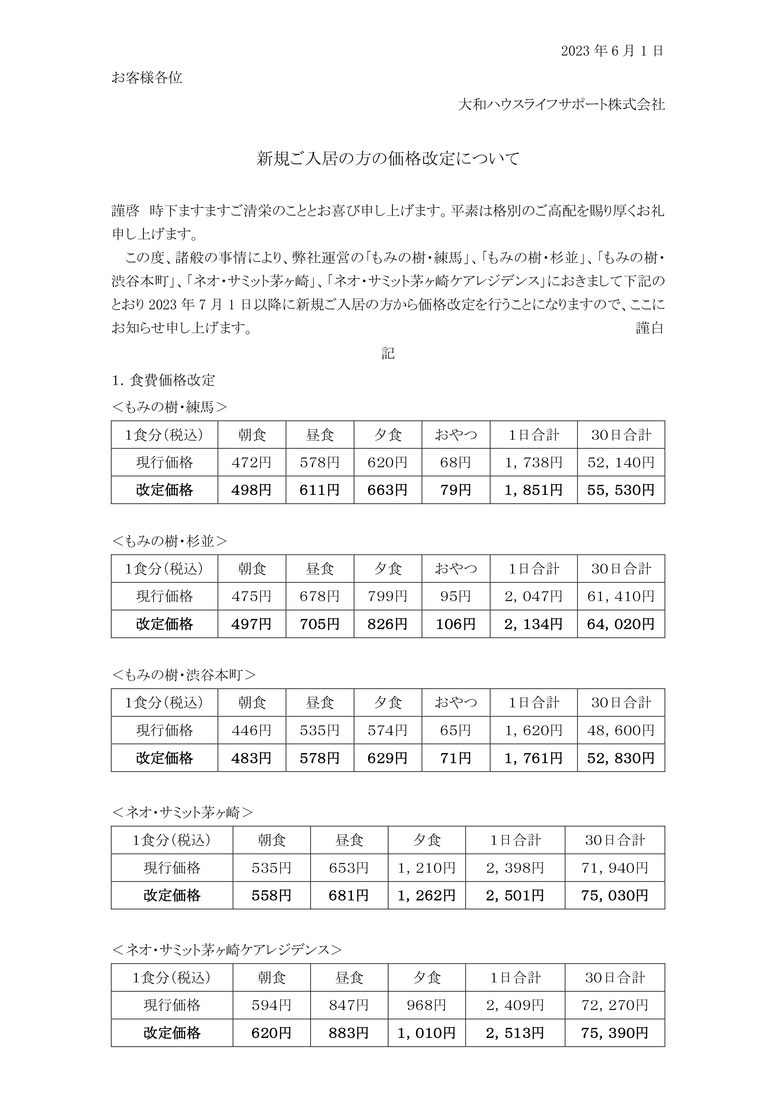 新規ご入居の方の価格改定についてのご案内