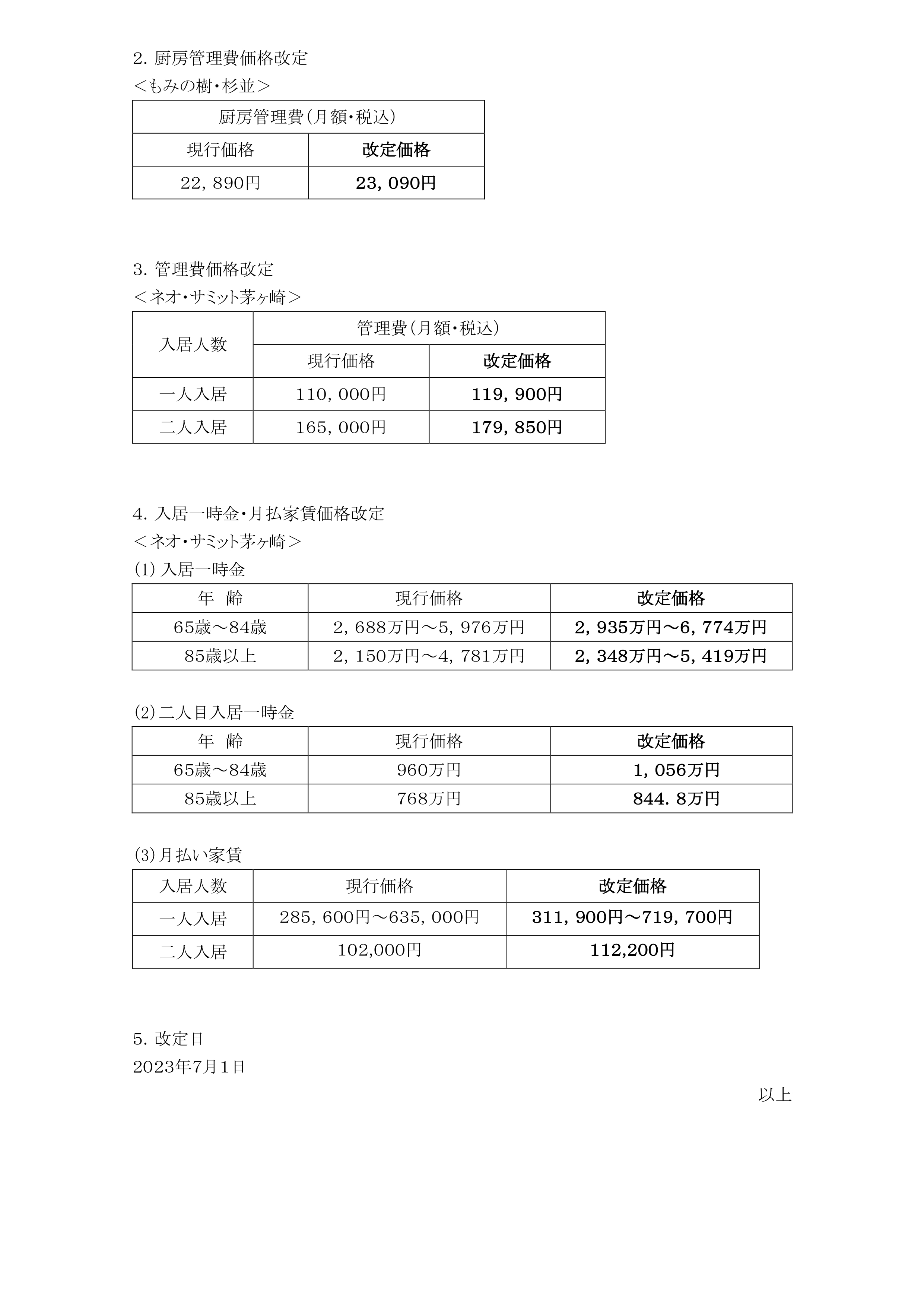 新規ご入居の方の価格改定についてのご案内